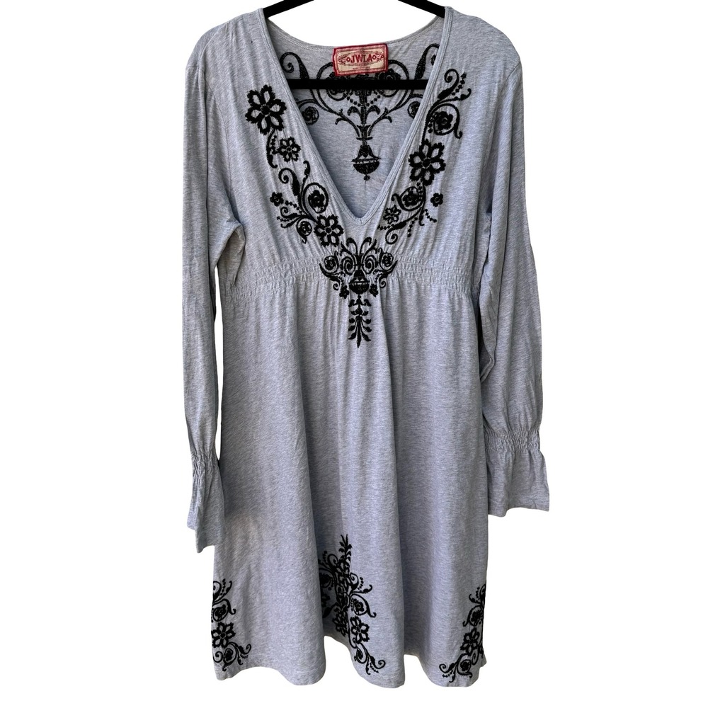 JWLA Johnny Was Embroidered V-Neck Empire Waist Tunic Mini Dress Boho Grey XL